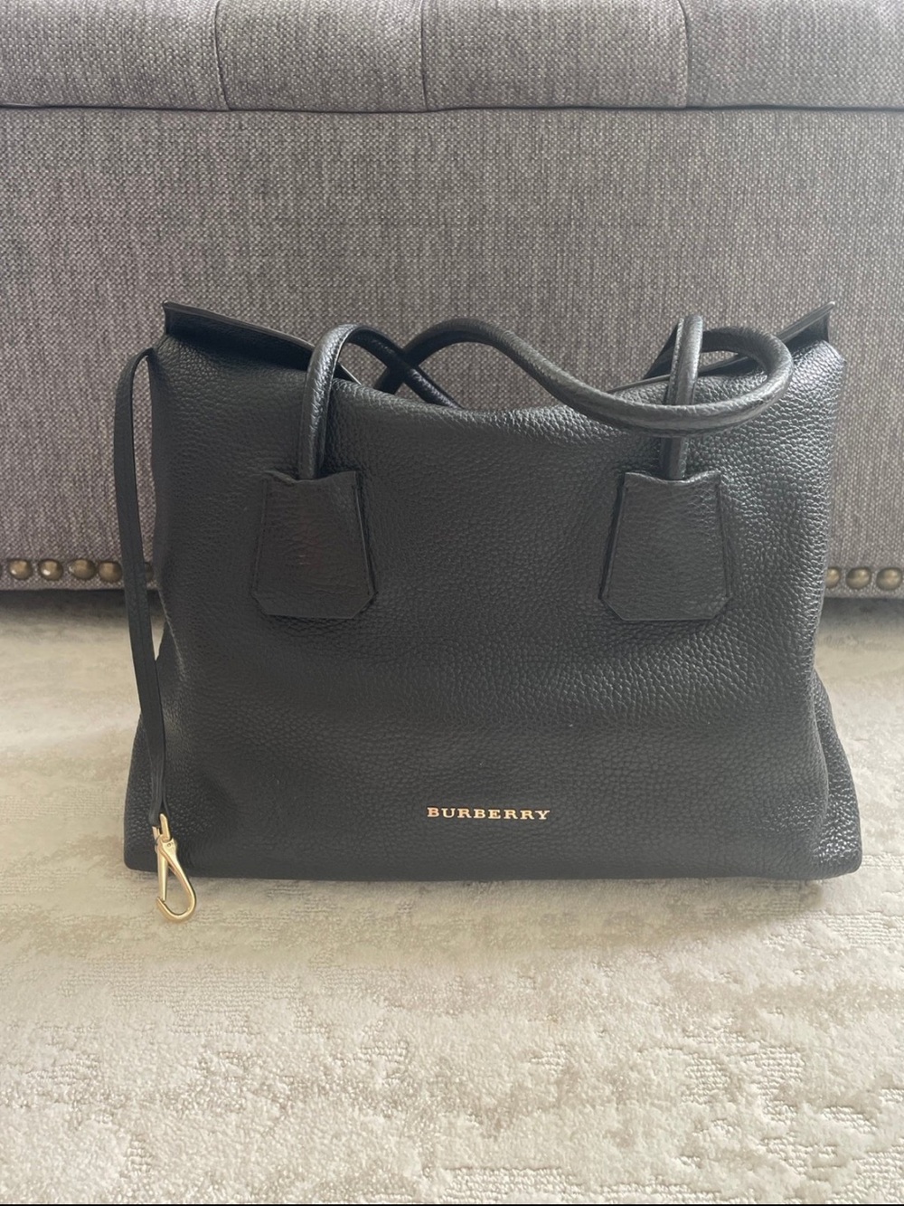Burberry Black Pebbled Leather Hobo Tote Bag Check Lining + Dust Bag
